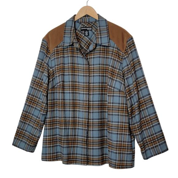 Norton McNaughton Plaid Shacket Shirt Blue Tan Faux Suede Shoulder 3X Cozy - Picture 6 of 13